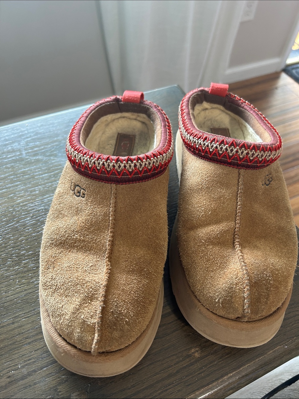 UGG Chestnut Suede Slip-On Clogs with Red Trim